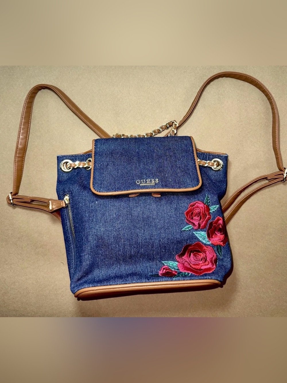 GUESS Denim Backpack with Red Rose Embroidery and Brown Trim